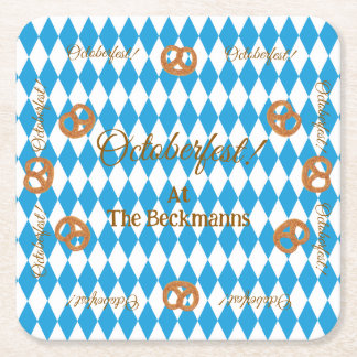 Blue Bavarian Octoberfest Pretzels PERSONALIZE Square Paper Coaster