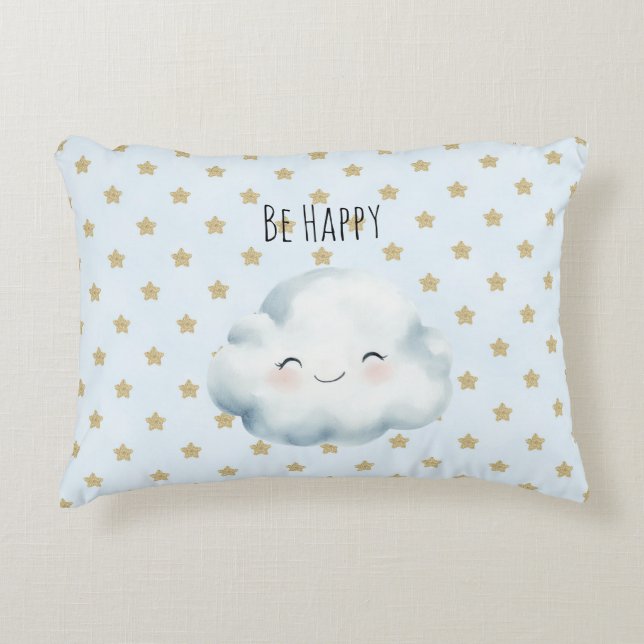 Blue Be Happy Cloud Gold Stars Accent Pillow (Front)