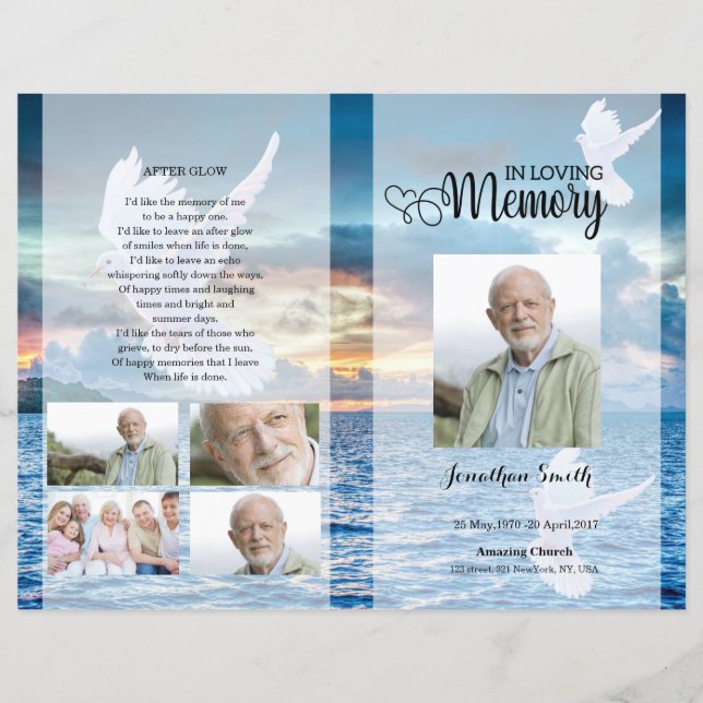 Blue beach and dove Funeral Program template (Front)