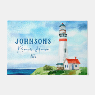 Blue Beach Coastal Ocean Lighthouse Welcome   Doormat