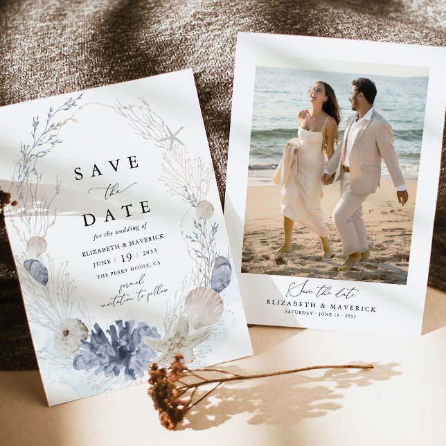 Blue Beach Coastal Seashell Photo Wedding Save The Date (Coastal Blue Photo Save the Date Card Seashell Beach Destination  Wedding Stationery)