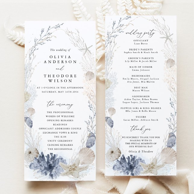 Blue Beach Coastal Seashell Wedding Ceremony Program (Blue beach coastal wedding program ceremony timeline wedding party cards blue seashell stationery)