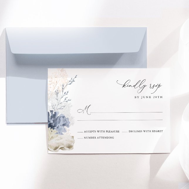Blue Beach Coastal Seashell Wedding RSVP Card (Coastal Blue Seashell Wedding RSVP Card Beach Wedding Stationery, Elegant Destination Respond Card)