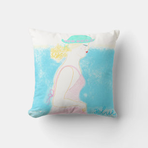 Blue beach fashion girl illustration pilllow. throw pillow