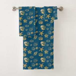 Blue Beach Gold Sea Shells Bath Towel Set