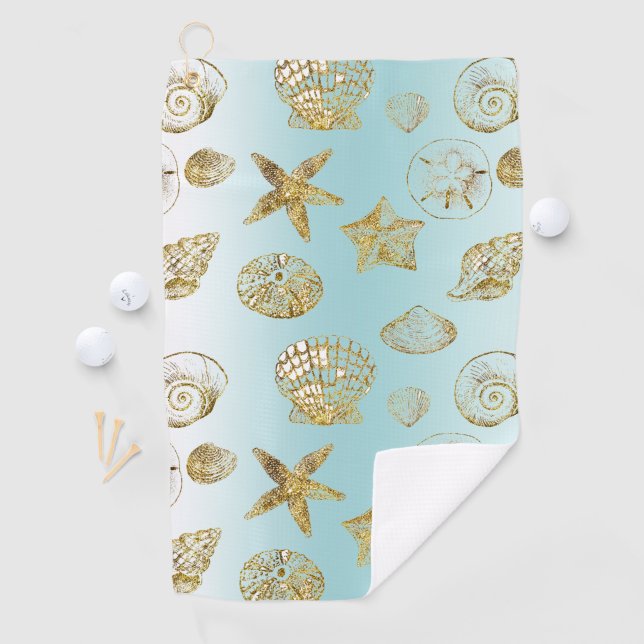 Blue Beach Gold Sea Shells Golf Towel (InSitu)