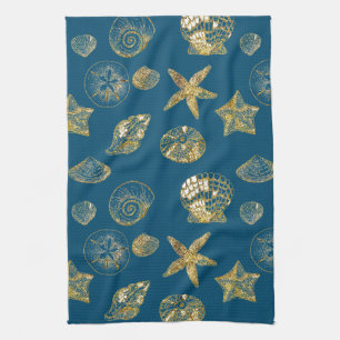 Blue Beach Gold Sea Shells Kitchen Towel