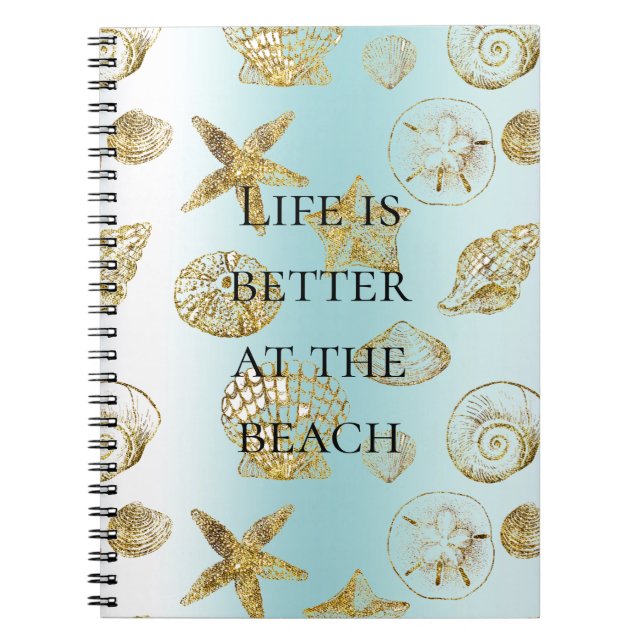 Blue Beach Gold Sea Shells Notebook (Front)
