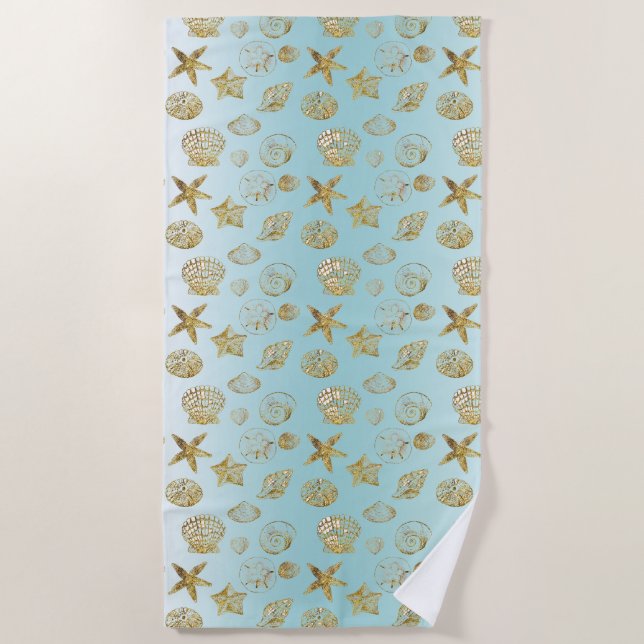 Blue Beach Gold Sea Shells Towel (Front)
