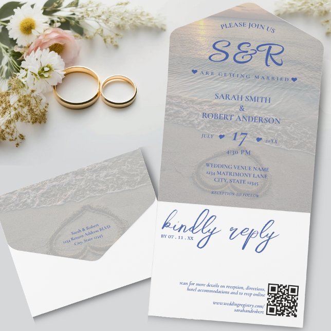 Blue Beach Heart QR Code Wedding All In One Invitation (Blue Beach QR Code Wedding All In One Invitation)