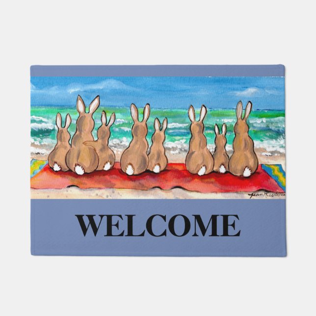 Blue Beach House Rabbit Welcome Mat Personalized (Front)