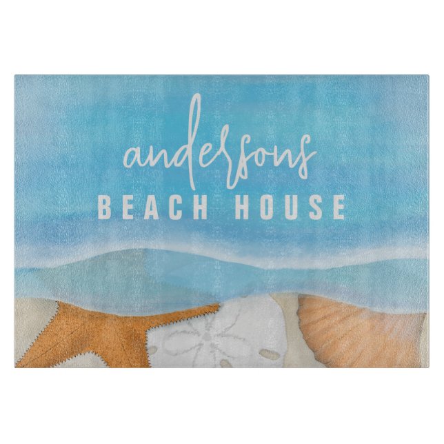 Blue Beach House Watercolor Custom Cutting Board (Front)
