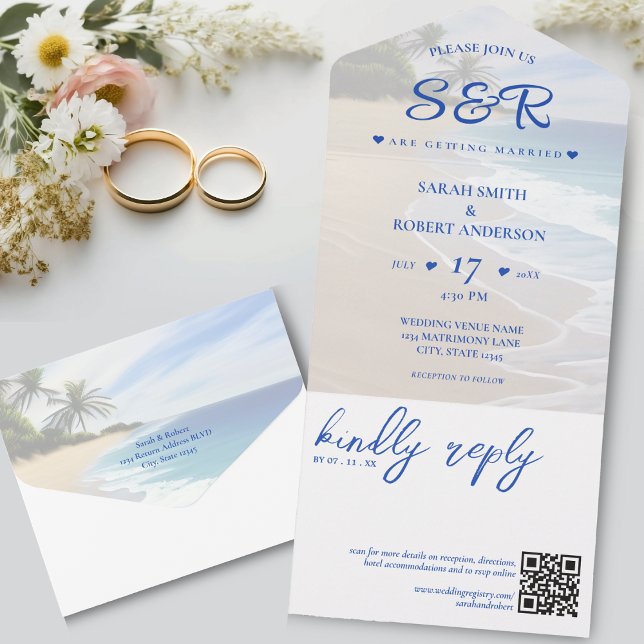 Blue Beach Island Palm Tree Destination Wedding All In One Invitation (Blue Beach Island Palm Tree Destination Wedding All In One Invitation)