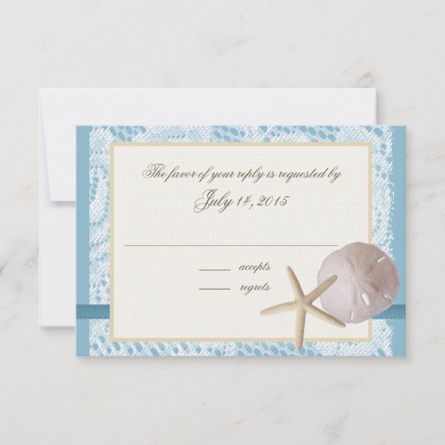 Blue Beach Lace Sand Dollar and Starfish RSVP Card (Front)