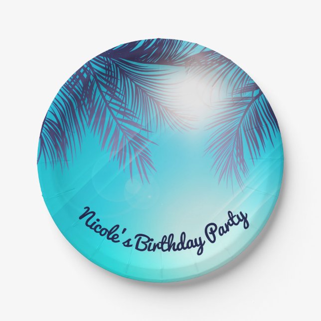 Blue BEACH PARTY Sunny Palm Trees Summer Birthday Paper Plate (Front)
