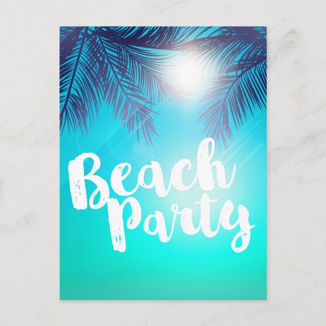 Blue BEACH PARTY Sunny Palm Trees Summer Party Announcement Postcard (Front)