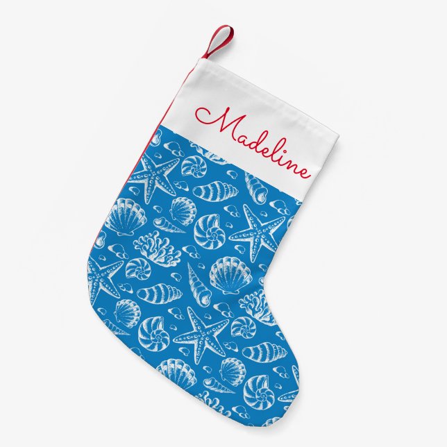 Blue Beach Pattern | Add Your Name Small Christmas Stocking (Front (Hanging))