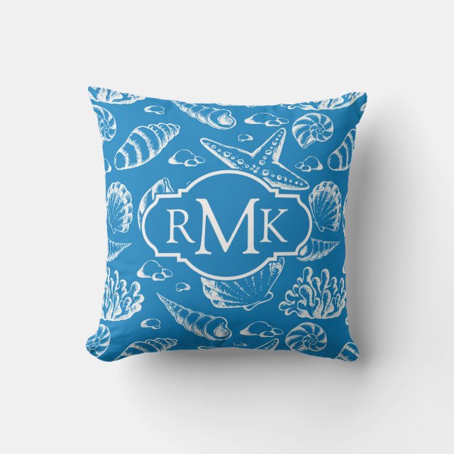 Blue Beach Pattern | Monogram Throw Pillow (Front)
