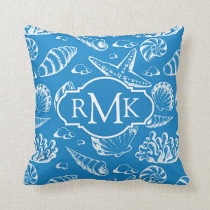 Blue Beach Pattern   Monogram Throw Pillow