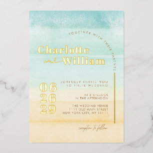 Blue Beach Sand Watercolor Mariage Foil Invitation