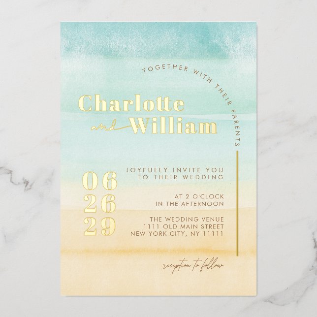 Blue Beach Sand Watercolor Mariage Foil Invitation (Recto)