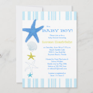 Blue Beach Starfish Striped Baby Boy Baby Shower Invitation