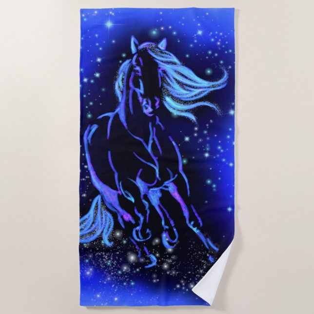 Blue Beach Towel Horse Running At Starry Night (Front)