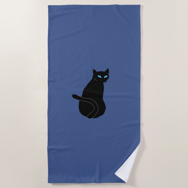 Blue Beach Towel with Black Cat - Choose Colors (Front)