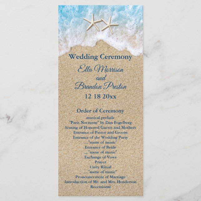 Blue Beach Waves and Starfish Wedding Program (Front)