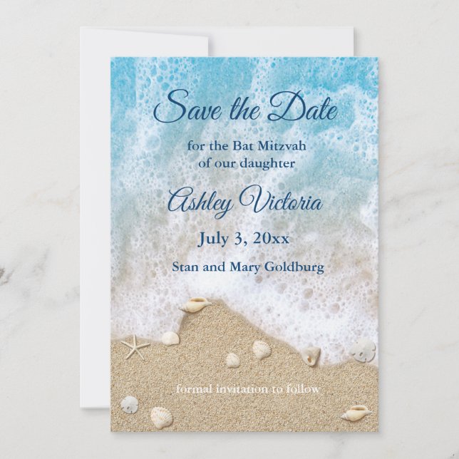 Blue Beach Waves Bat Mitzvah Save the Date Invitation (Front)