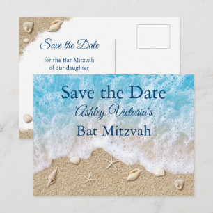 Blue Beach Waves Bat Mitzvah Save the Date Invitation Postcard