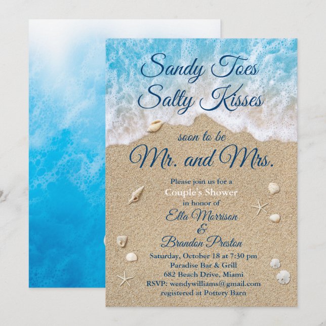 Blue Beach Waves Sandy Toes Couple's Shower Invitation (Front/Back)