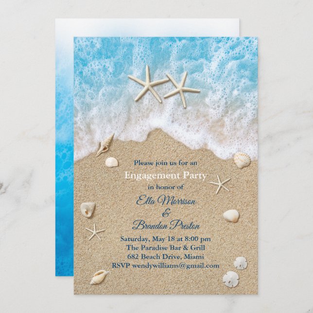 Blue Beach Waves & Starfish Engagement Party Invitation (Front/Back)