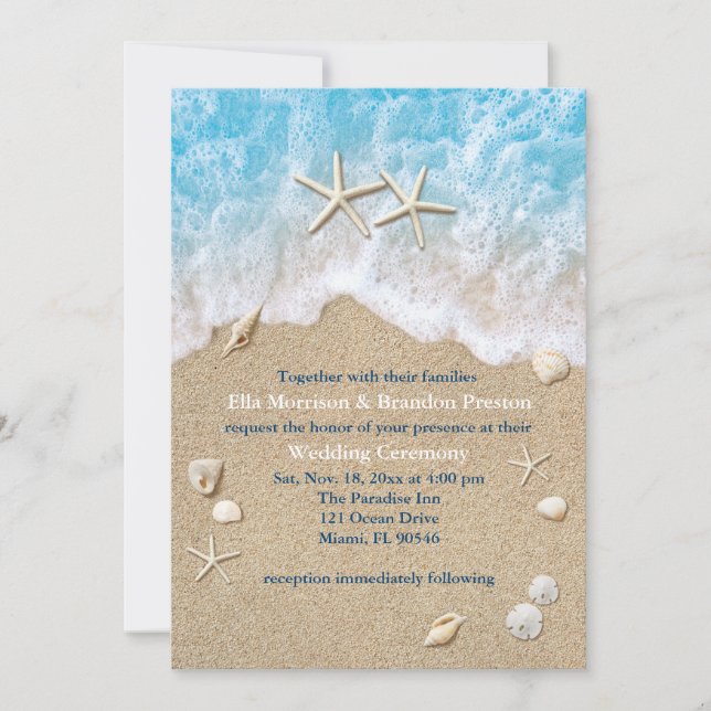 Blue Beach Waves & Starfish Faire-part de mariage (Devant)