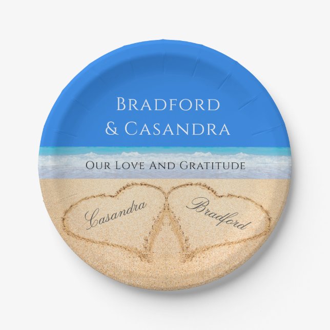  Blue Beach Wedding 2 Hearts in the Sand   Paper Plate (Front)