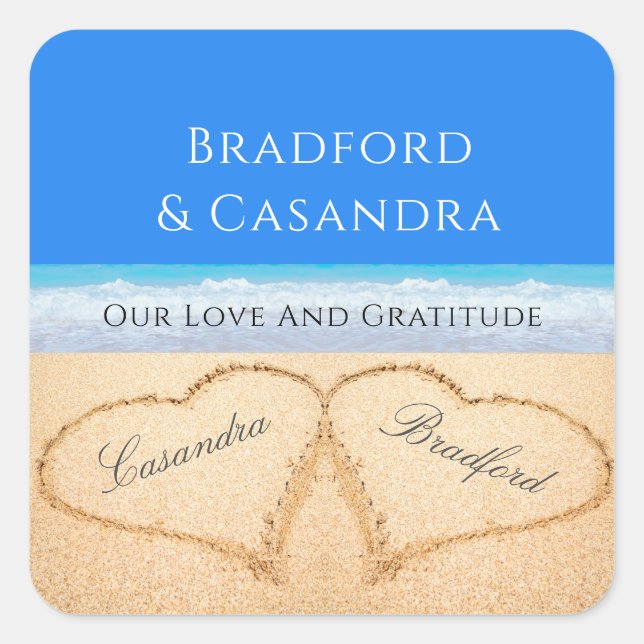  Blue Beach Wedding 2 Hearts in the Sand Stickers  (Front)
