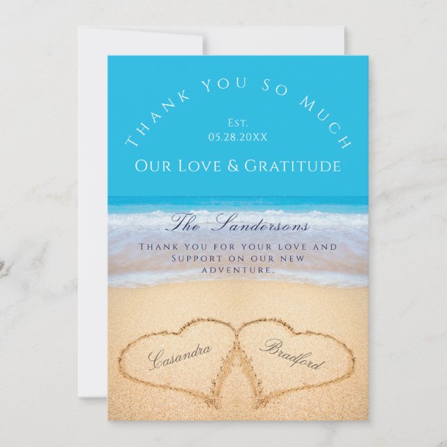 Blue Beach Wedding 2 Hearts in the Sand Thank You Card (Front)