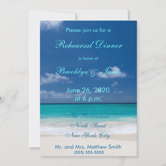 Blue Beach Wedding Rehearsal Dinner Invitations (Front)