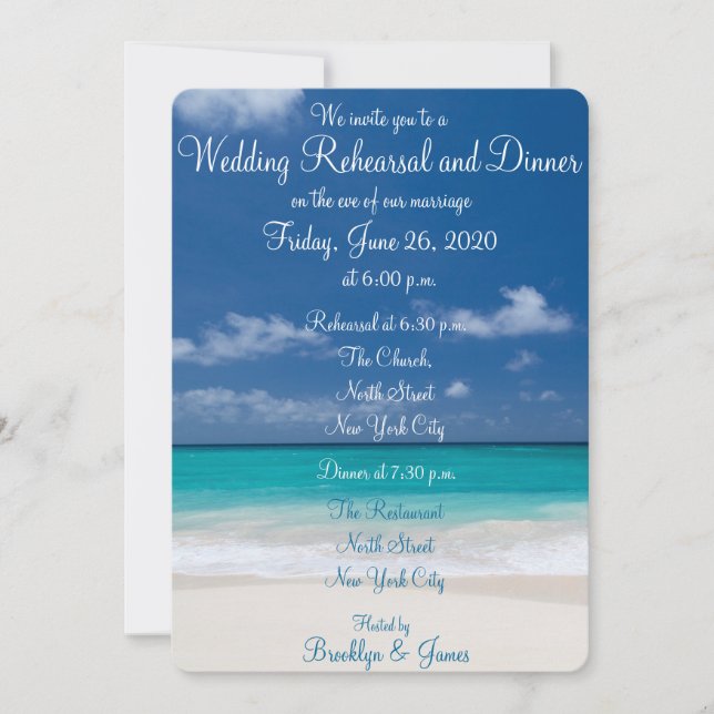 Blue Beach Wedding Rehearsal Dinner Invitations (Front)