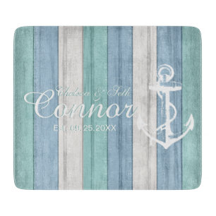 Blue Beach Wood Nautical Stripes & Anchor Cutting Board