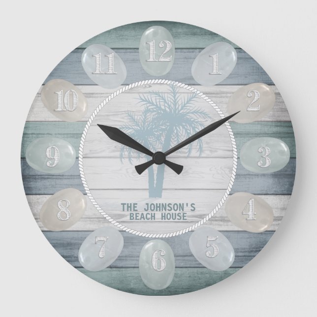Blue Beach Wood Sea Glass & Palm Trees Large Clock (Front)
