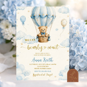 Blue Bear Air Ballon Baby Shower Invitation