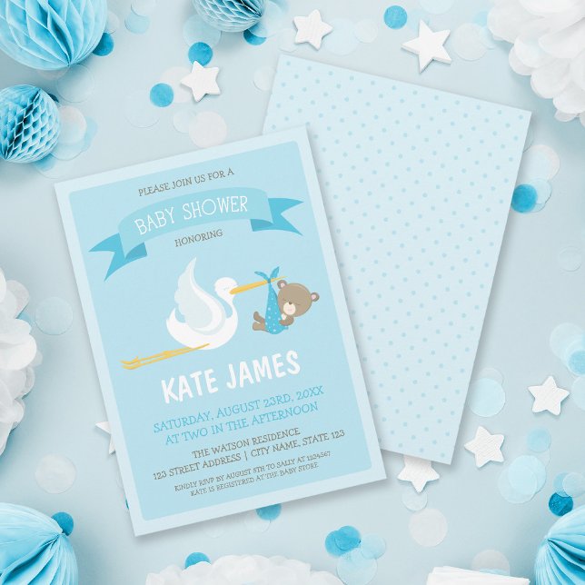Blue Bear and Stork Baby Shower Invitation (Creator Uploaded)