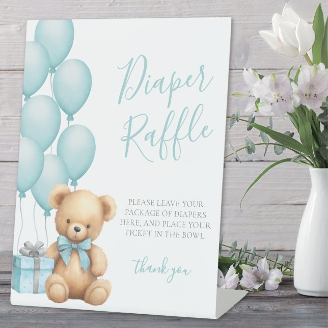 Blue Bear Baby Shower Diaper Raffle Pedestal Sign (Blue Bear Baby Shower Diaper Raffle Pedestal Sign)