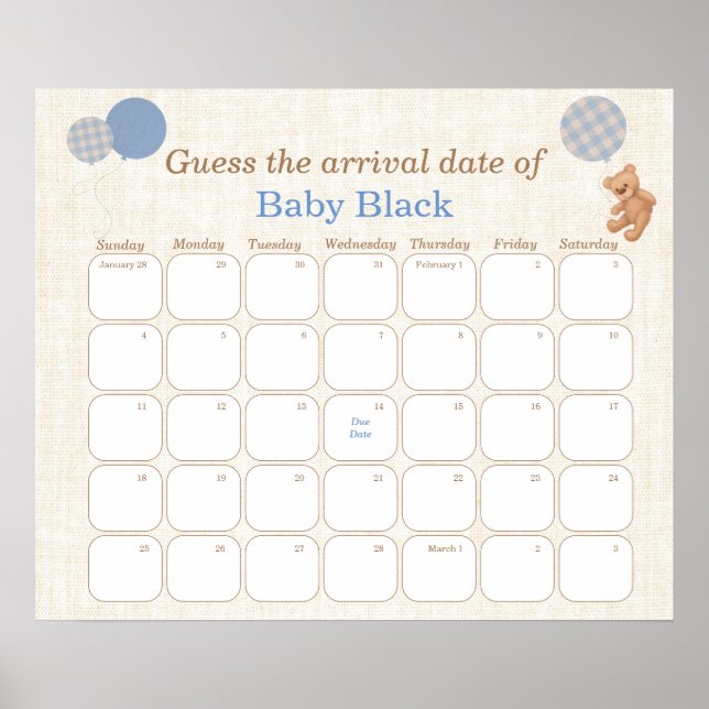 Blue Bear Baby Shower Guess The Due Date Calendar Poster (Front)