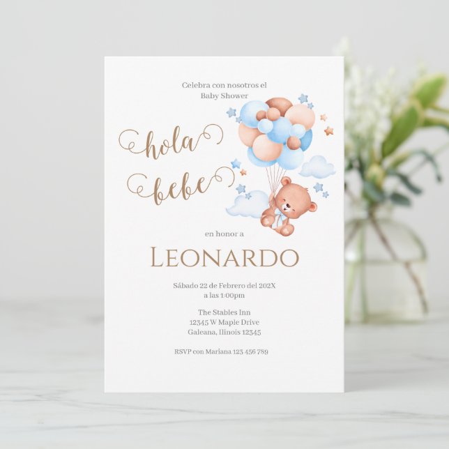 Blue bear baby shower invitation (Standing Front)
