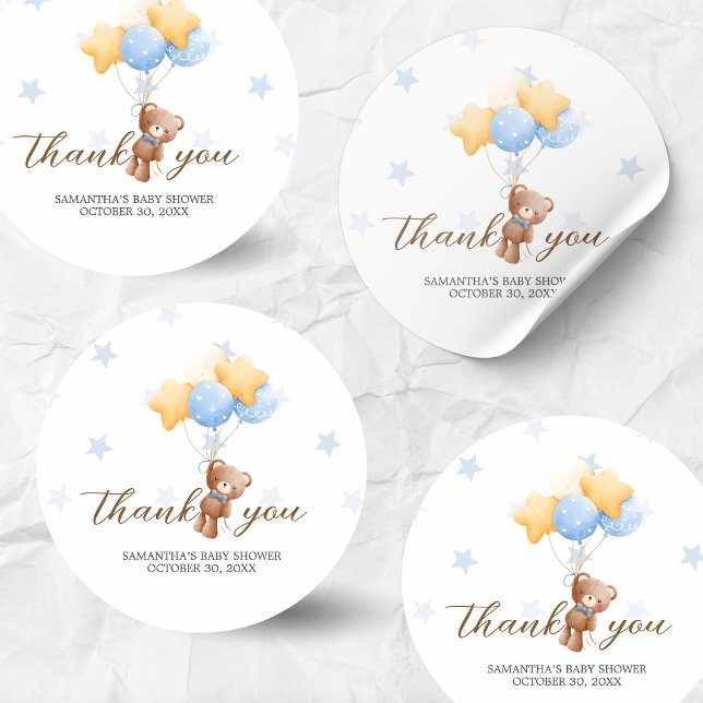 Blue Bear Balloon Baby Shower Classic Round Sticker (Boy We Can Bearly Wait Balloon Baby Shower Sticker)