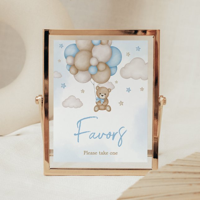 Blue Bear Balloon Baby Shower Favours Poster (Teddy Bear Balloon Baby Shower Favors Sign)