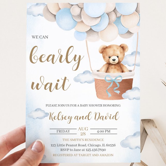Blue Bear Balloon Baby Shower Invitation (Creator Uploaded)