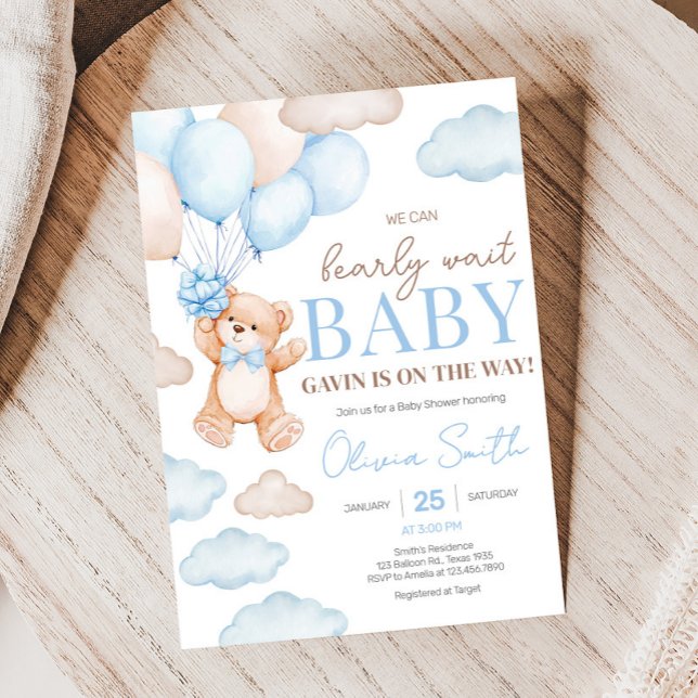Blue Bear Balloon Baby Shower Invitation (Blue Bearly Balloon Baby Shower Invitation)